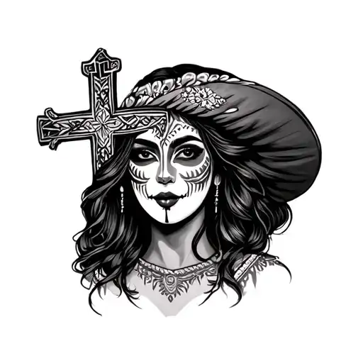Cross With Mexican Lady With Face Paint