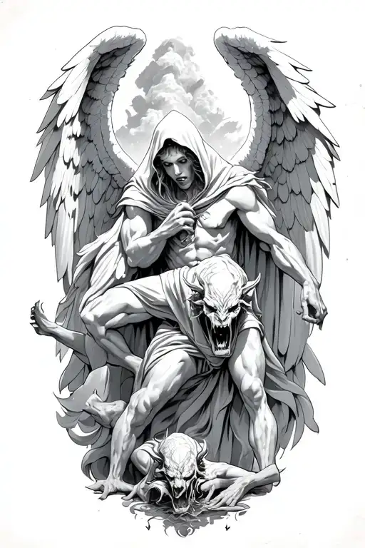 Hooded Arch Angel Defeating A Demon