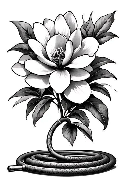 Coiled Garden Hose Spraying A Southern Magnolia Blossom