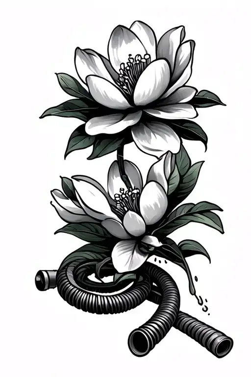 Coiled Garden Hose Spraying A Southern Magnolia Blossom From The Top Incluse Water