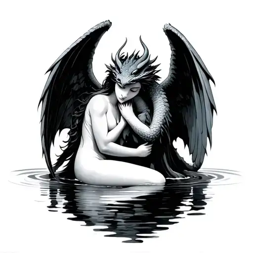 Dragon Hugging Feet Of An Angel Dipping Her Toe In Water