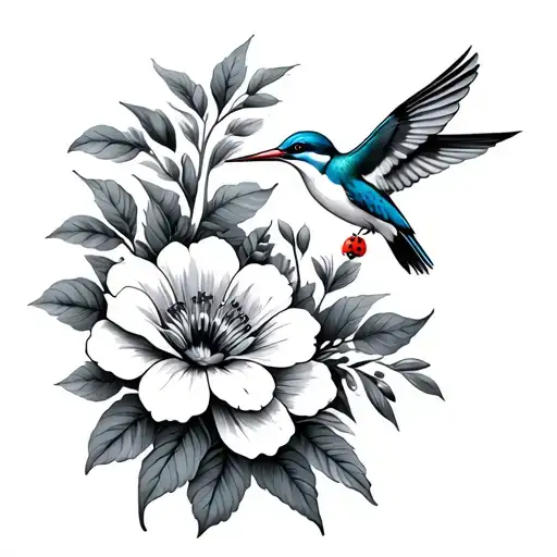 Flowers With A Humming Bird And A Kingfisher With A Little Ladybird
