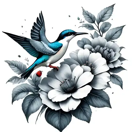 Flowers With A Humming Bird And A Kingfisher With A Little Ladybird