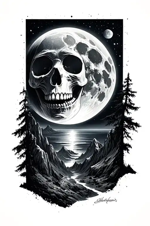 Realistic Moon With Skull In It And Realistic Mountains