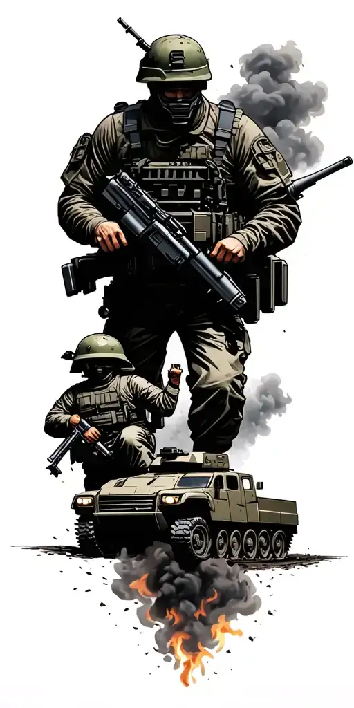 Modern Army Fire Fight With Trucks Tanks And Soldiers