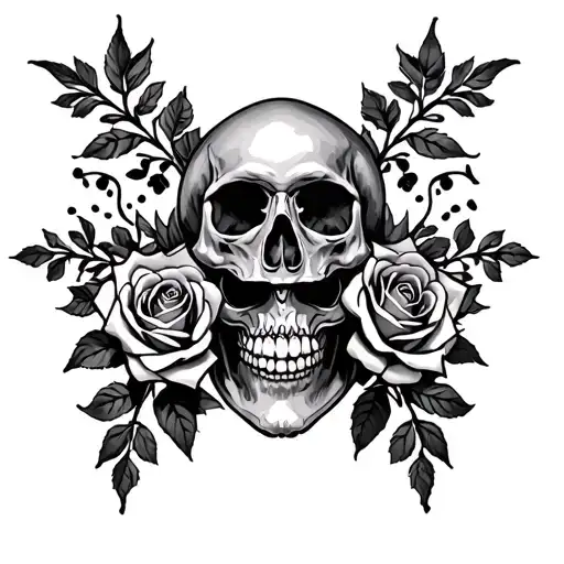 Cross With Roses And One Skull