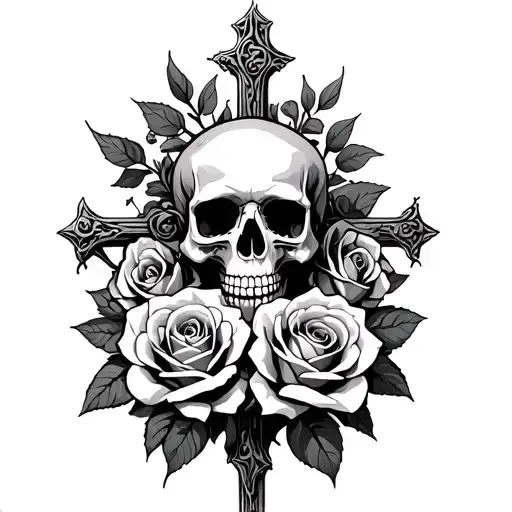 Cross With Roses And One Skull Surrounded