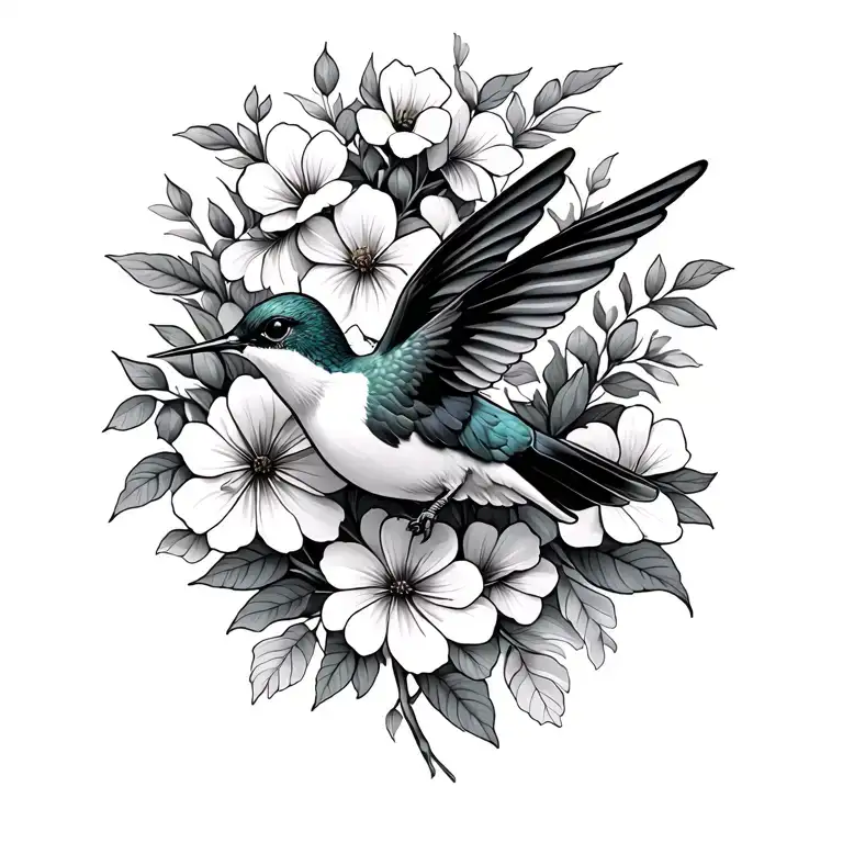 Hummingbird Flying Towards Flowers Intertwined