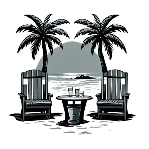 Palm Trees 2 Beach Chairs Table In Middle Bucket Of Drinks