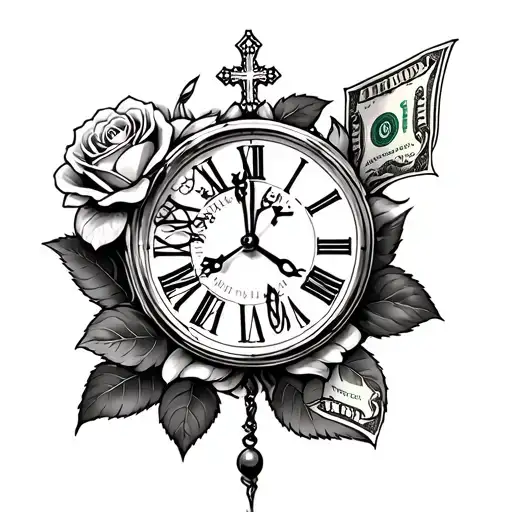 Full Sleeve Tattoo Money Rose On Hand Clock Just Above And Cross At Top Fill In The Middle