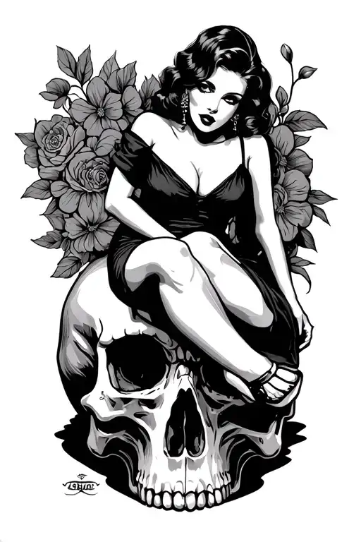 Pin Up Girl Sitting On Skull