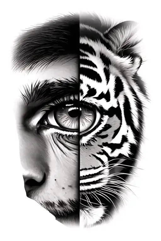 Half Of A Man's Eye And Then The Other Half Being A Tigers Eye