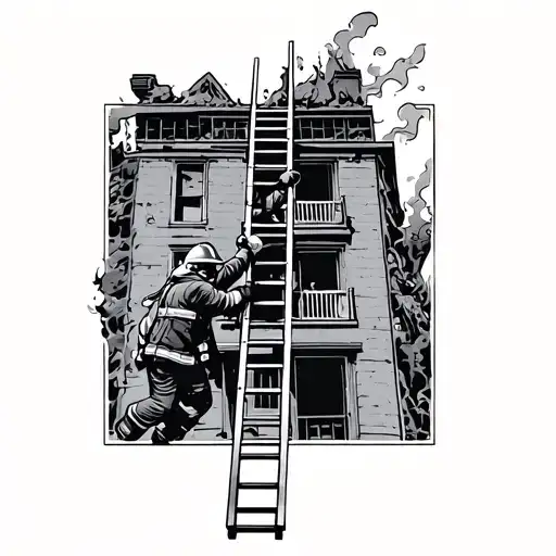 Firefighter Climbing Ladder To Burning Building