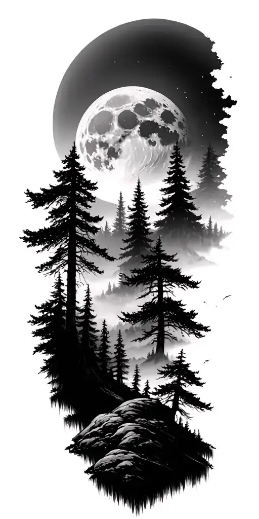 Massive Forest Landscape With Huge Moon In The Background