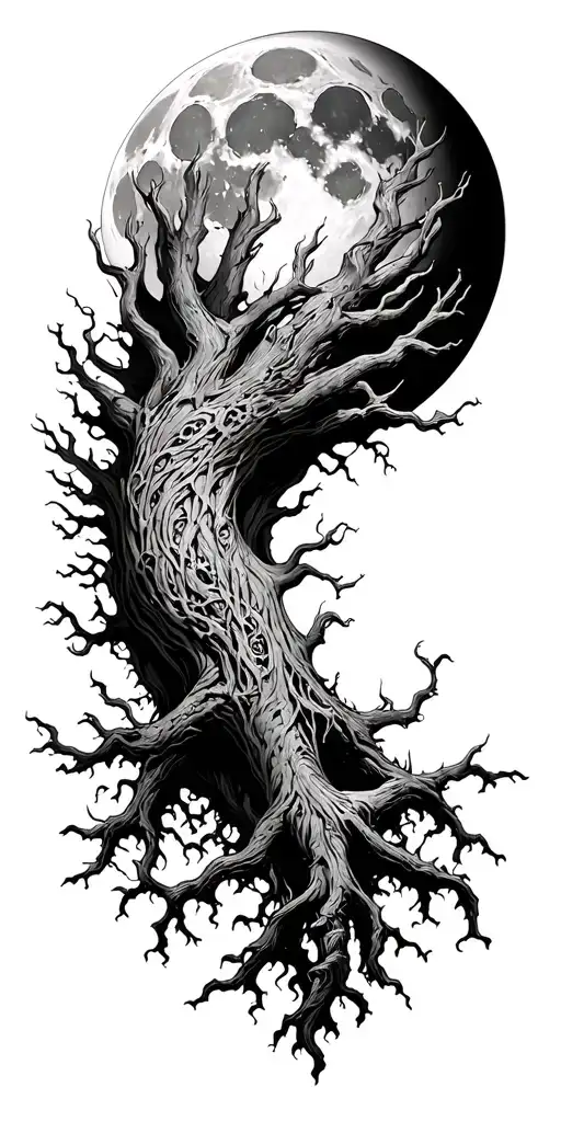 Massive Yggdrasil With Huge Moon In The Background