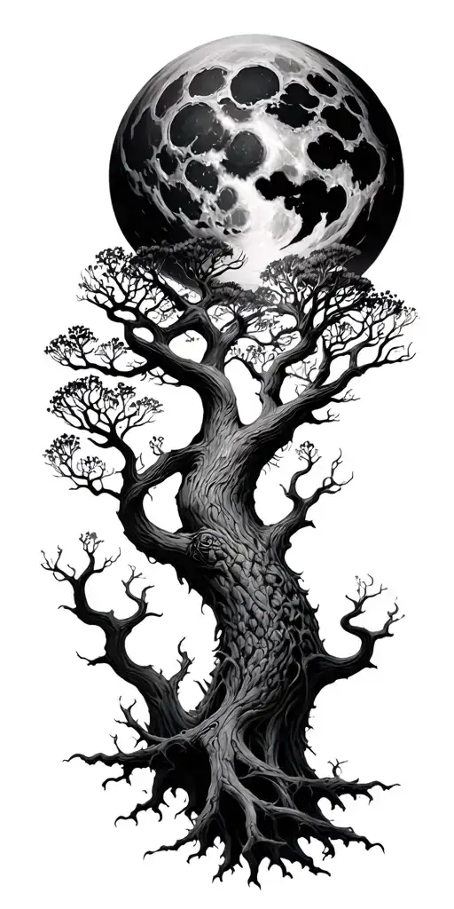 Massive Yggdrasil With Huge Moon In The Background