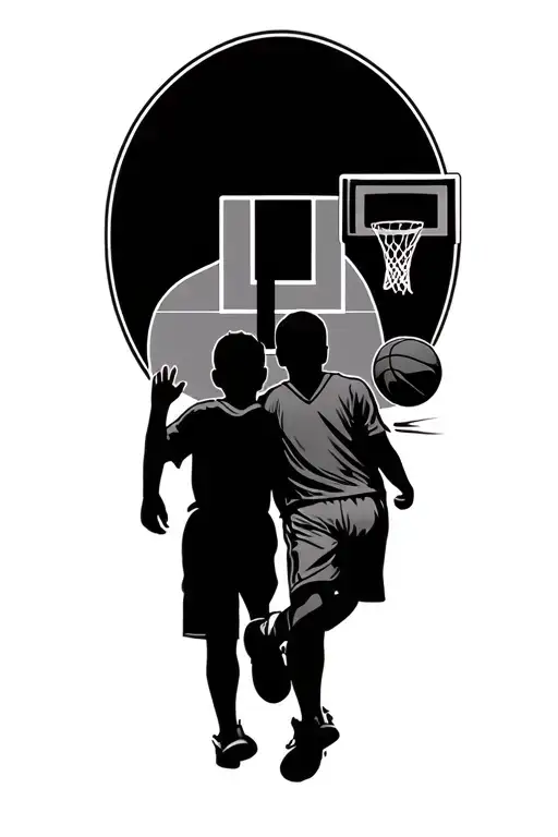 Basketball Court And Silhouette Of Dad And Son