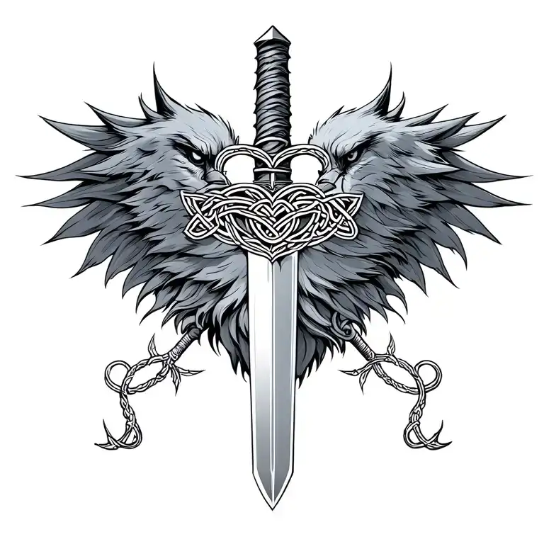 Celtic Wolf Raven Sword Heart
