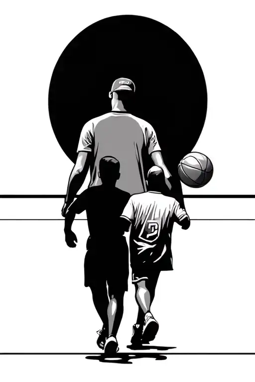 Basketball Court Background And Silhouette Of Dad And Son Walking Onto Court