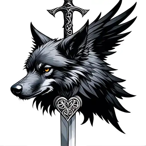 Celtic Wolf Raven Sword Heart
