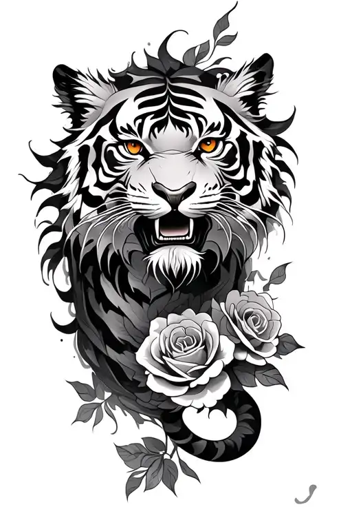Tiger With Dragon And Roses Intertwined