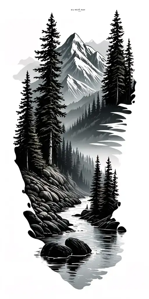 Forest With River Flowing And Mountain Range Silhouette