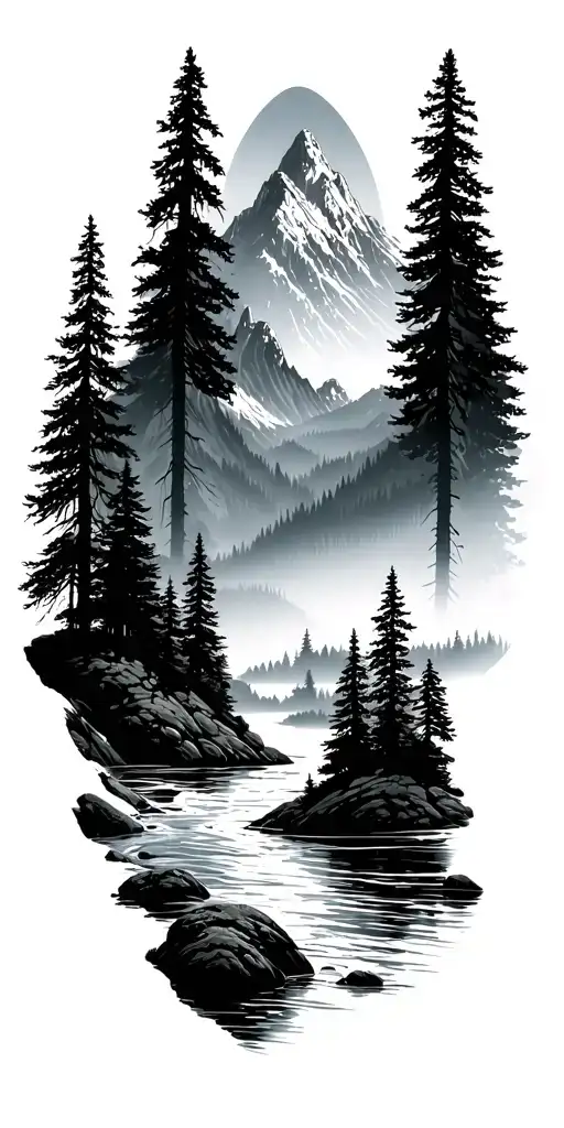 Forest With River Flowing And Mountain Range Silhouette