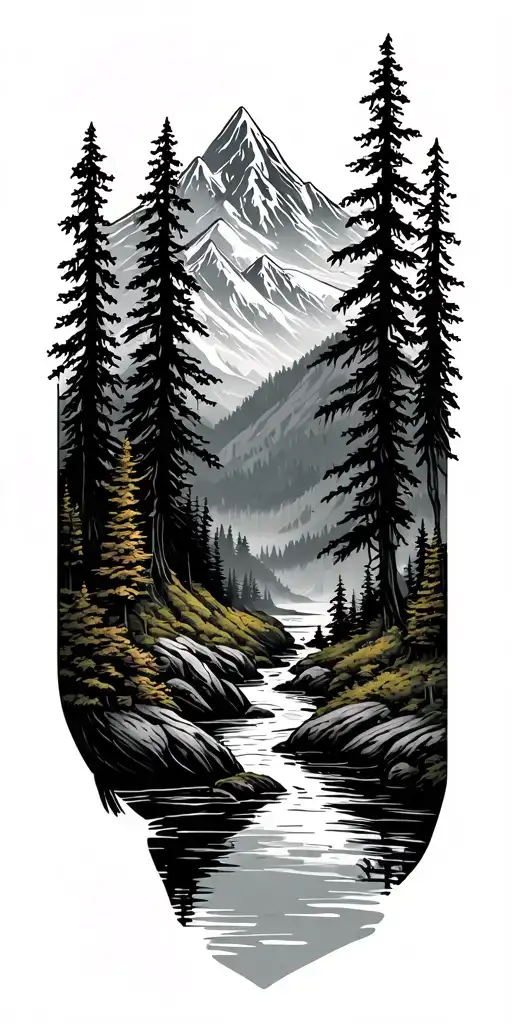 Forest With River Flowing And Mountain Range Silhouette