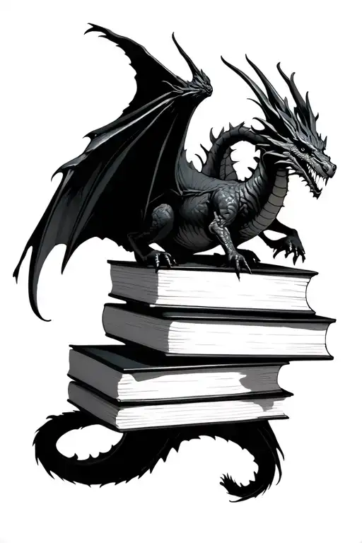 Fantasy Stack Of Books With Dragon Flying