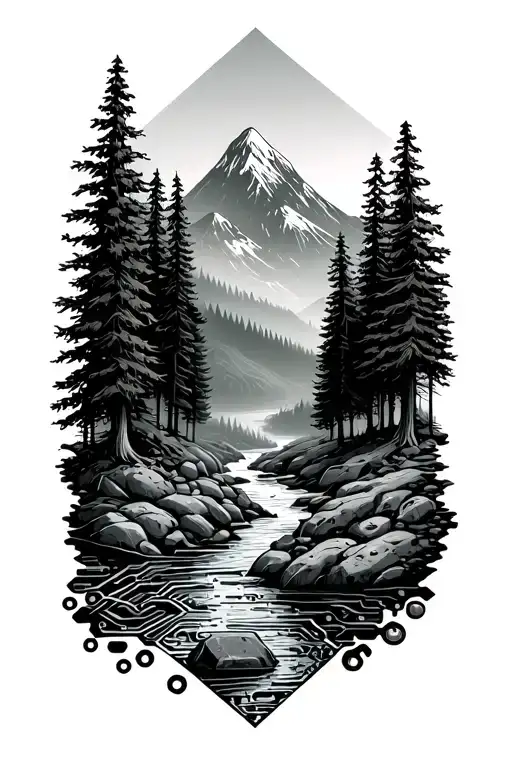 Microchip Circuit In Forest With River Flowing And Mountain In Background