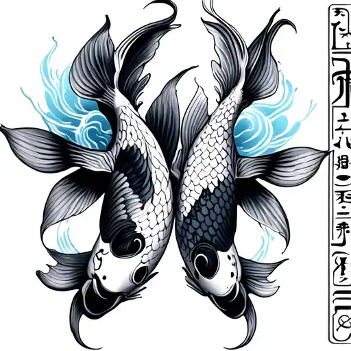 2 Koi Fish Whit Hieroglyph