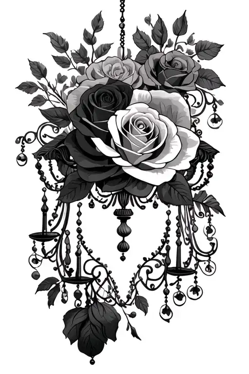 Floral Thigh Tattoo With Roses And Chandelier Filigree