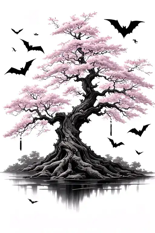 Sakura Tree With Bats Hanging And Flying