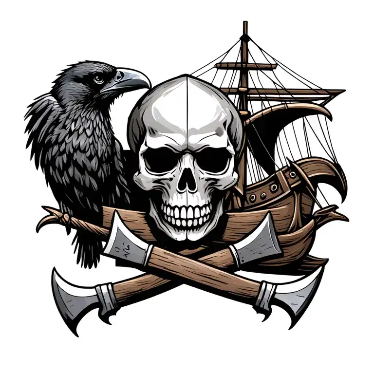 Viking Skull With Axes Crossed Beneath And A Raven And Viking Longship Beside It