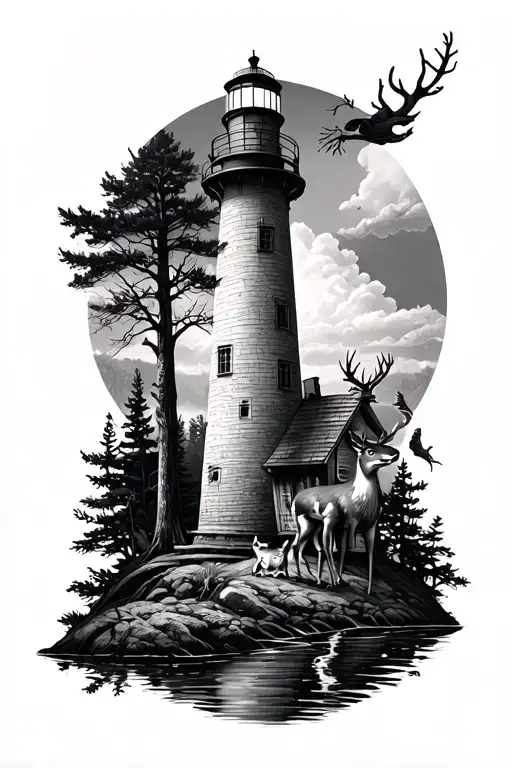 Forest With Lighthouse And Owl And Deer