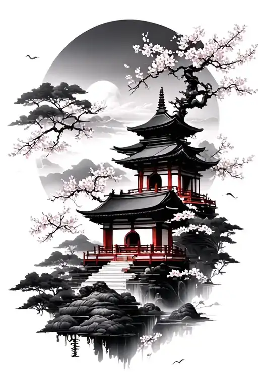 Cascading Image Of Buddhist Landscapes And Cherry Blossoms