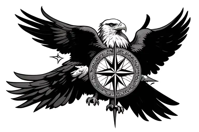 Eagle With Spread Wings Looking Straight Compass Surrounded