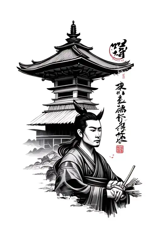 Japaneise Tattoo Featuring A Temple And Samuri Wearing Straw