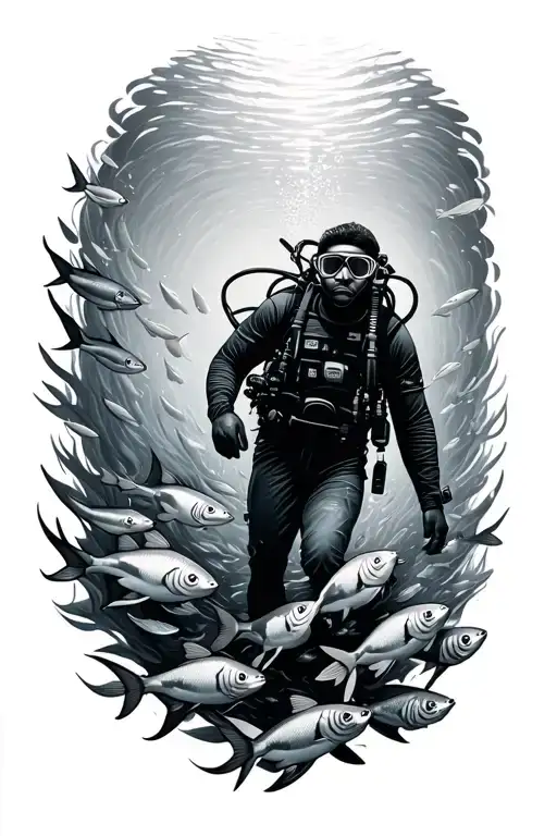 Scuba Diver Exploring Shoal Of Fish