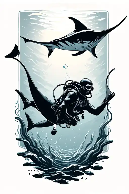 Scuba Diver Diving With Manta Ray Swimming
