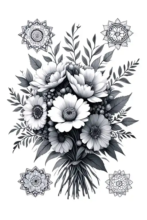 A Bouquet Of Flowers With Mandalas Above And Below