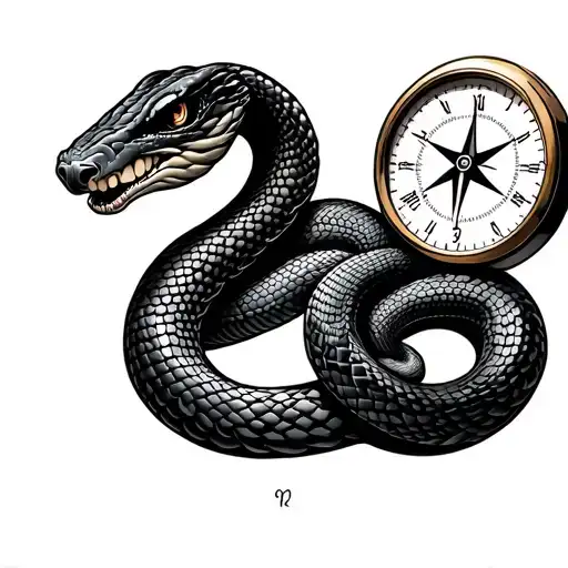 Snake Tattoo Combination With Compass And Time