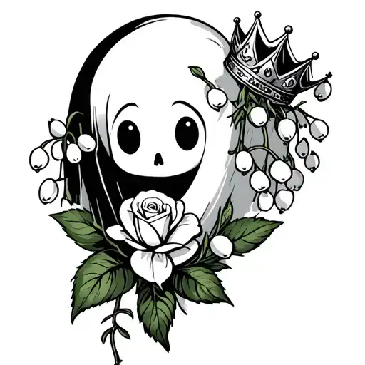 Cute Ghost Holding A Rose And Lily Of The Valley With A Crown On Its Head - All Black And White