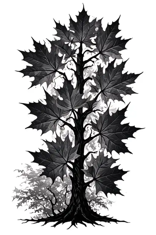 Maple Leaves Tree With Fire Black And White