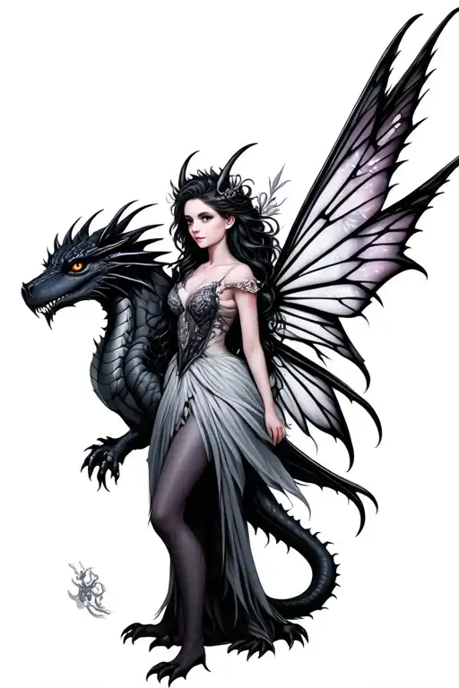 Dark Fairy Princess Standing Next To A Dark Dragon