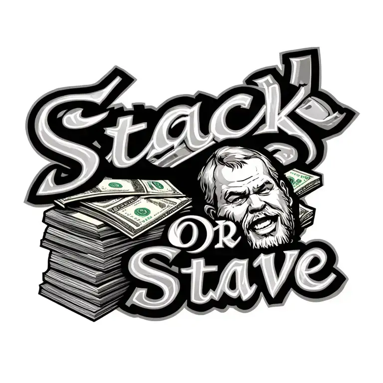 Money Stack Of Cash & A Starving Men Hungry & With It Saying In Words Stack Or Stave