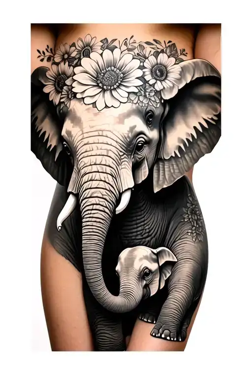 Mama Elephant We With Baby Elephant With Flowers On Thigh