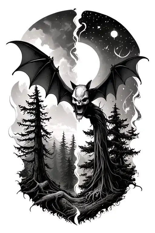 Half Alive And Half Dead Of Forest With Bat Flying