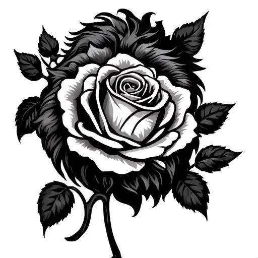 Rose With Stem And Lion Surrounded