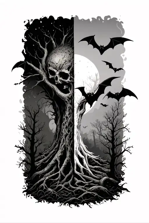 Half Alive And Half Dead Of Forest With Bats Flying Overhead